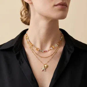Layered gold necklace with gemstone beads, shell and starfish pendants for women style
