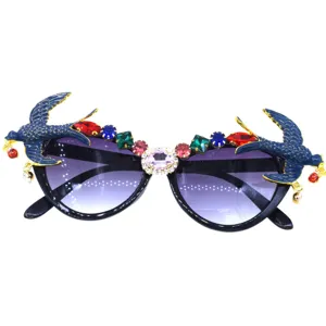 Luxury exaggerated swallow rhinestone sunglasses, gradient lenses party eyewear for women.