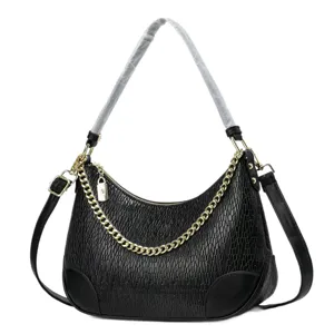 Classic black shoulder bag for women with gold chain strap, underarm hobo design, premium leather.