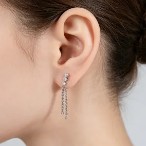Titanium crystal chain tassel ear stud piercing jewelry, exquisite minimalist cartilage earring design.