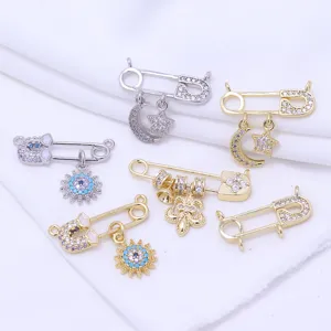 14K Gold Plated Copper Zirconia Safety Pin Charm Planet Moon Star Sun Pendants DIY Handcrafted Jewelry Making Accessories