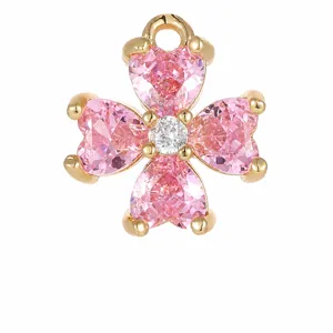 Pink heart cubic zirconia four leaf clover pendant detail, micro pave brass jewelry accessory.