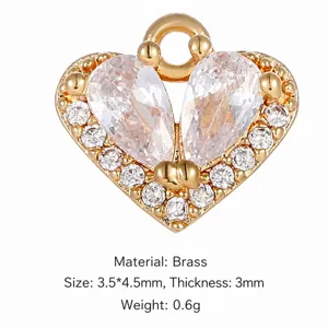 Gold-plated brass heart pendant with sparkling micro-inlaid cubic zirconia DIY jewelry 1pc