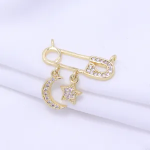 14k gold plated safety pin star moon charm, exquisite pave cubic zirconia, DIY jewelry making.