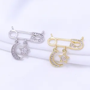 Exquisite safety pin moon star pendant jewelry accessories, dazzling cz details for DIY crafts.