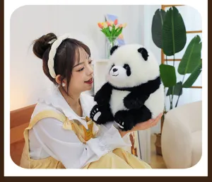 Close-up detail of simulation giant panda plush toy in cozy room scene, cute doll.