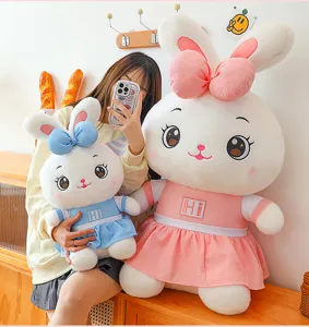 Cute couple plush rabbit toy with sweet dress, soft bunny doll for girls bed sleeping pillow gift.