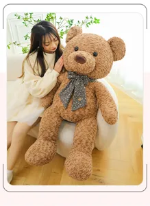 Grand ours en peluche marron avec nœud papillon fleuri élégant, poupée en peluche douce cadeau