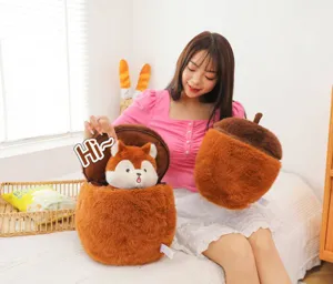 Cute squirrel in acorn plush toy detail showing soft furry texture and interactive design.