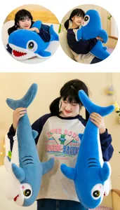 Cute cartoon blue shark plush toy pillow, soft long stuffed animal doll for kids and home decor.