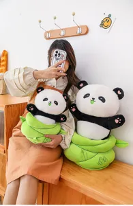 Cute panda plush toy in bamboo shoot design, soft stuffed animal doll for kids birthday gift.