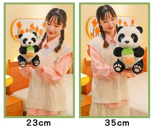 Detailed view of cute panda plush toy with boba tea, showing 23cm and 35cm size options.