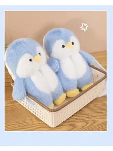 Cute blue plush penguin slippers detail, soft winter warm cotton home shoes with anti-slip sole.