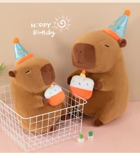 Cute capybara plush toy with birthday hat and cake cute stuffed animal gift for kids