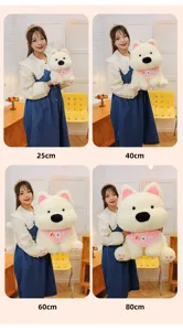 Cute sitting white dog plush toy with pink bib, soft stuffed animal doll for kids gift 80cm.