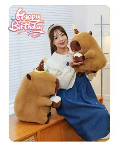 Detailed scene of a cute capybara plush toy with birthday hat, perfect gift for girls.