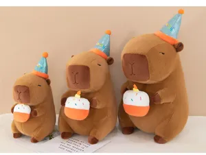 Capybara plush toy doll cute stuffed animal pillow birthday party gift with hat and cake.