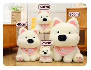 Cute Westie plush dog stuffed toy with pink bib, soft doll detail view, 80-25cm sizes available.