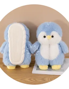 Cute blue penguin plush slippers winter warm soft sole anti-slip home indoor cotton shoes for women