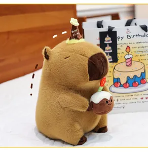 Cute capybara plush toy with birthday cake doll, soft stuffed animal gift for girls.