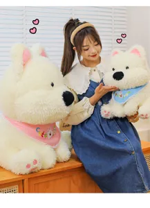 Cute sitting West Highland white terrier plush toy with bib, soft stuffed animal doll gift.