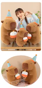 Cute capybara plush toy detail showing cute stuffed animal holding cake with party hat display.