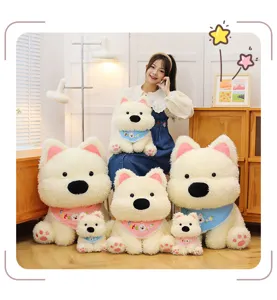Cute sitting West Highland white terrier puppy plush toy doll with colorful bib birthday gift.