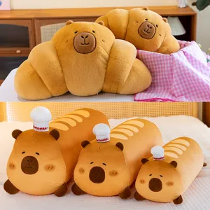 Lindo Capybara Juguete de Peluche Animal de Peluche Cuerno Pan Almohada Cilíndrica Cojín de Algodón Suave Regalo de Decoración del Hogar