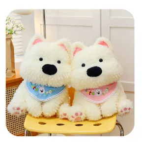 Cute sitting white terrier plush toy stuffed dog doll with lovely bib birthday gift