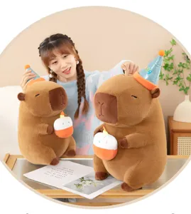 Cute capybara plush toy with party hat and mini cake, soft stuffed animal gift for kids.