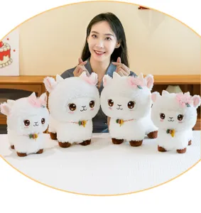 Cute white plush alpaca toy with pink flower decor soft sheep doll birthday gift for kids.