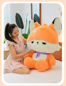 Detailed view of the cute orange fox plush toy with purple scarf in cozy bedroom setting.