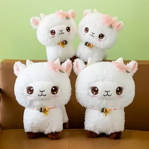 Cute Alpaca Plush Toy Stuffed Animal Soft Lamb Doll With Pink Flower And Bead Necklace Kids Birthday Gift Home Decor
