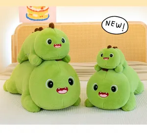 Cute green dinosaur plush pillow detail shot, soft fabric and cute design for bedroom.