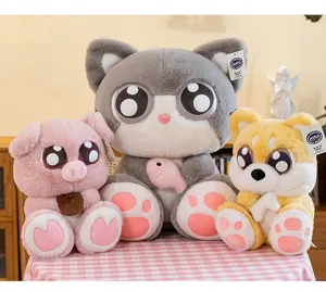 Cute big-eyed cat plush toy doll, lovely puppy and pig plushies, soft stuffed pillow.