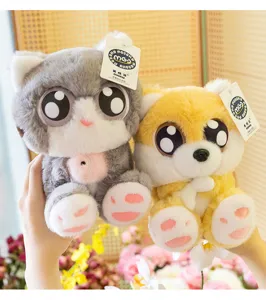 Close up detail of cute big eye cat and shiba inu plush toys with tags in soft floral scene.