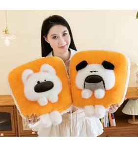 Cute toast dog plush pillow detail view, soft stuffed animal cushion for sofa and office nap.