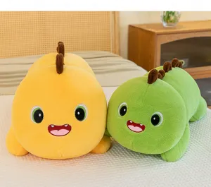 Cute cartoon dinosaur plush pillow detail view, soft fabric and lovely expression.