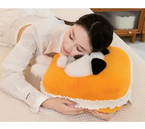 Cute toast dog plush pillow, soft stuffed animal cushion for sofa, bedroom, and office nap use.