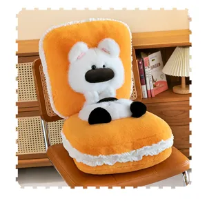Cute toast dog plush cushion detail view, soft stuffed animal pillow for sofa, office and home.