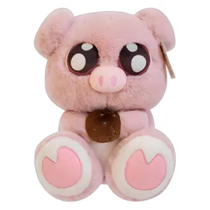 Adorable pink pig plush toy with big anime eyes holding a sweet cookie, soft stuffed doll.