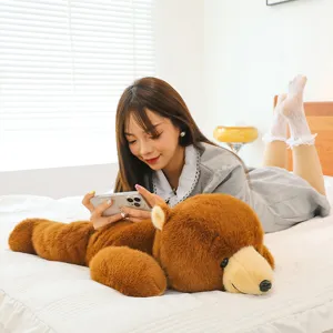 Cute brown lying plush bear toy soft hug pillow for sleeping companion gift for kids