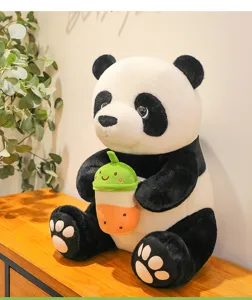 Cute panda plush toy holding boba milk tea, soft stuffed animal doll for kids gifts.