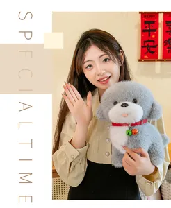 Cute simulation puppy plush toy with bell collar, soft stuffed animal for kids gift.