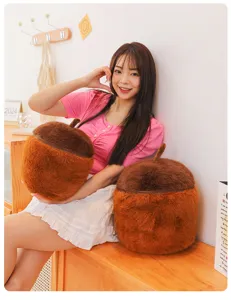 Cute acorn plush toy and pillow detail shot, soft furry fabric design, perfect kids gift.