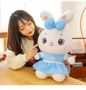 Cute plush rabbit toy with blue dress and bow, perfect soft doll gift for girls sleeping.