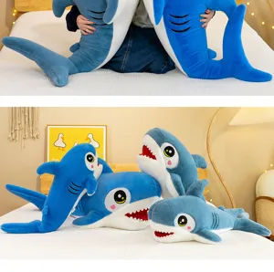 Cute cartoon shark plush pillow, soft long stuffed animal doll toy for kids and home decor.