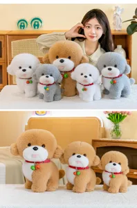 Cute plush dog toy with red collar and bell, soft stuffed puppy doll for kids gifts detail view
