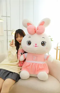 Cute plush rabbit toy with pink dress and cute expression, soft material for bedroom decor.