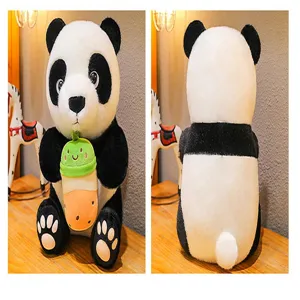 Cute panda plush toy holding milk tea, soft stuffed doll for kids and souvenirs, great quality.